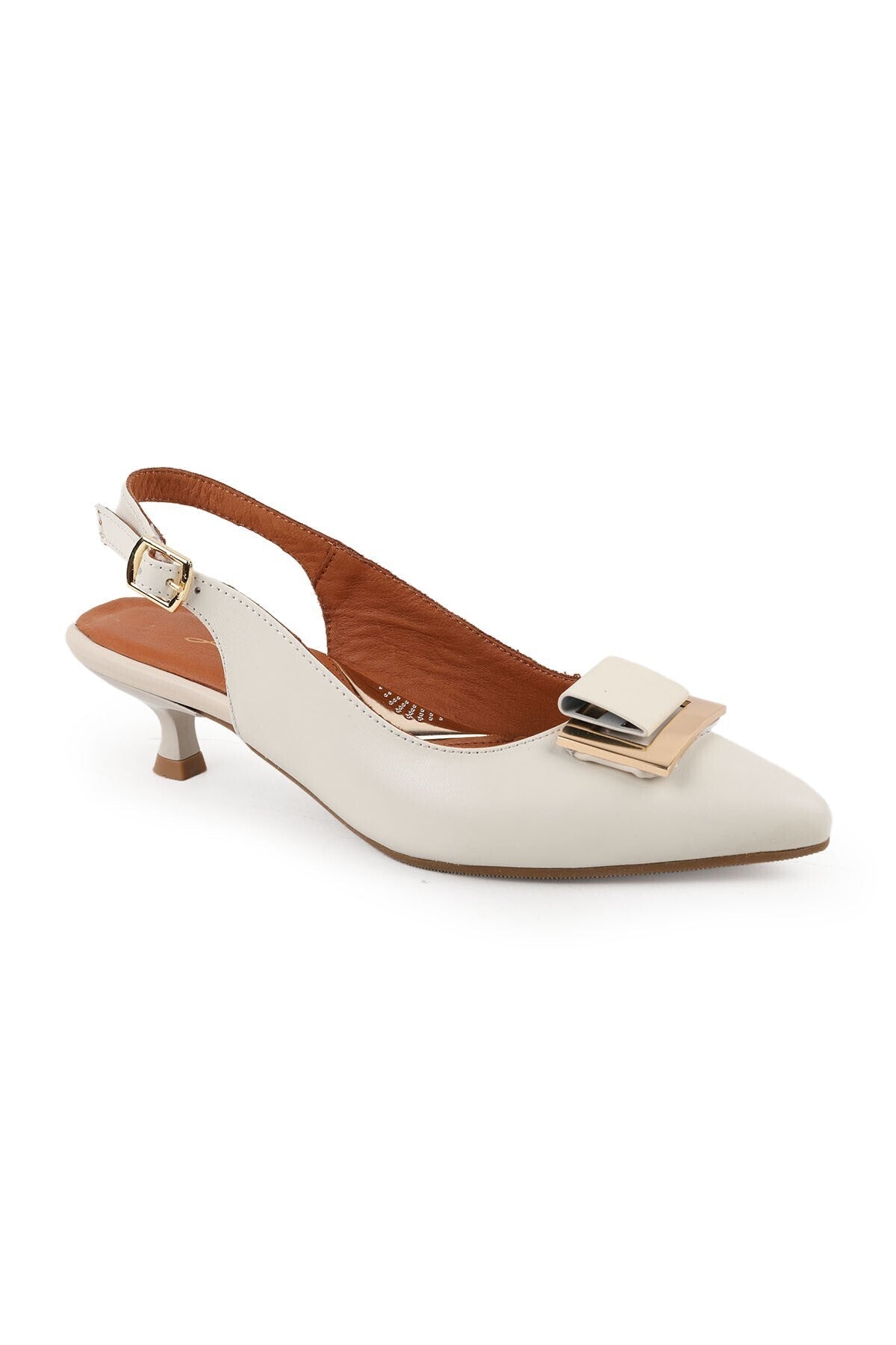 Women's Heeled Shoes Bone Genuine Leather Open Back Gold Metal Buckle Short Kitten Heel L031.261048 - MALLTURK
