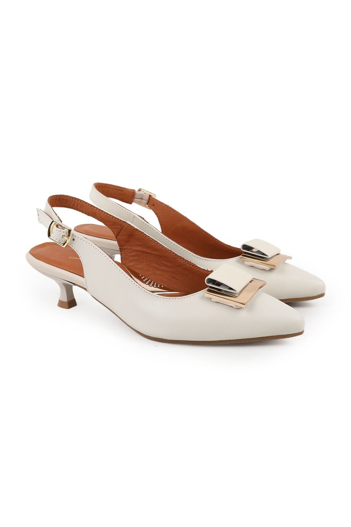 Women's Heeled Shoes Bone Genuine Leather Open Back Gold Metal Buckle Short Kitten Heel L031.261048 - MALLTURK
