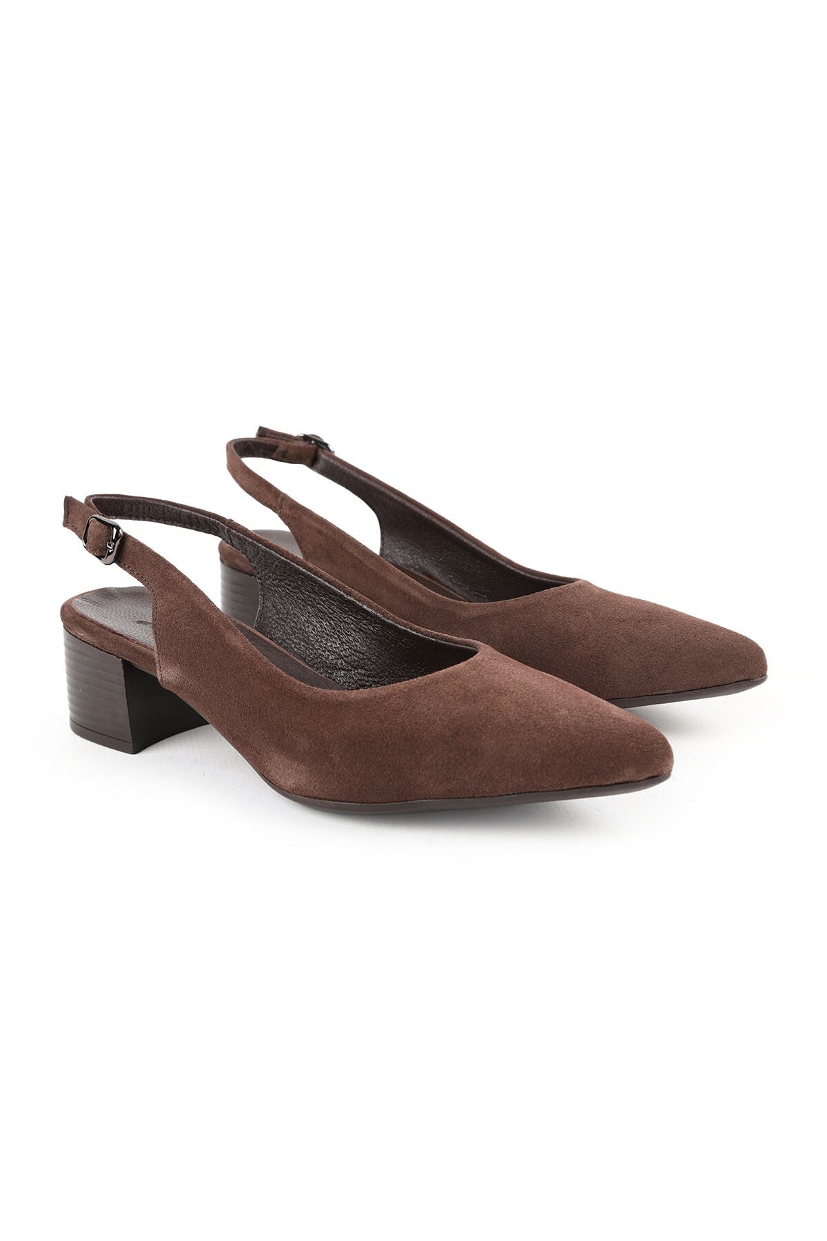 Women's Heeled Shoes Brown Genuine Suede Open Back Buckle Short Thick Block Heel L061.546 - MALLTURK