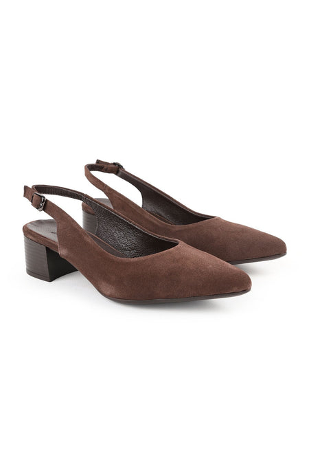 Women's Heeled Shoes Brown Genuine Suede Open Back Buckle Short Thick Block Heel L061.546 - MALLTURK