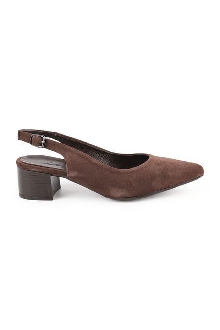 Women's Heeled Shoes Brown Genuine Suede Open Back Buckle Short Thick Block Heel L061.546 - MALLTURK