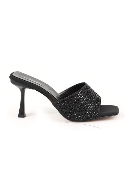Women's Heeled Slippers Black Stone Suede Look Single Strap Thin Goblet Heel Stylish Evening Dress L085.K122 - MALLTURK