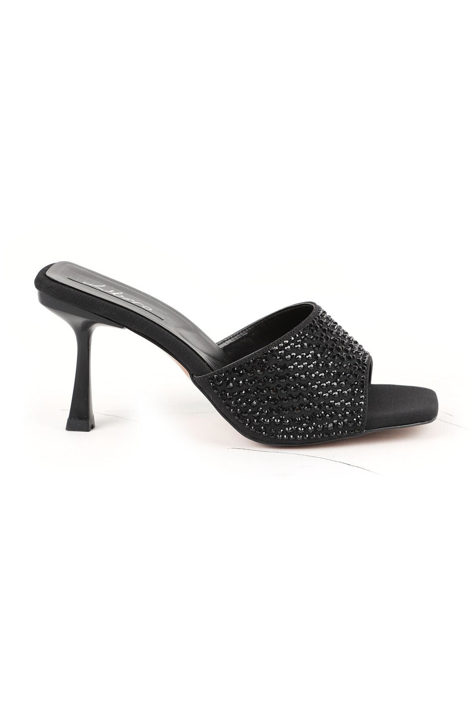 Women's Heeled Slippers Black Stone Suede Look Single Strap Thin Goblet Heel Stylish Evening Dress L085.K122 - MALLTURK