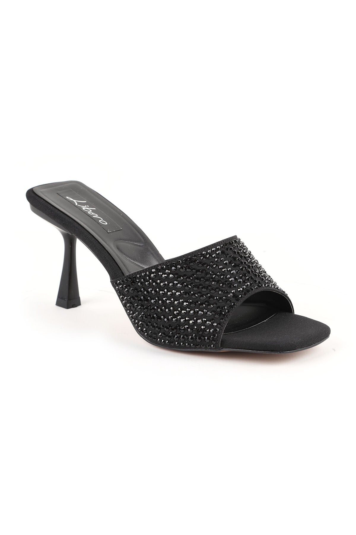 Women's Heeled Slippers Black Stone Suede Look Single Strap Thin Goblet Heel Stylish Evening Dress L085.K122 - MALLTURK