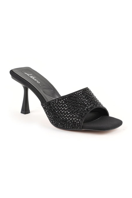 Women's Heeled Slippers Black Stone Suede Look Single Strap Thin Goblet Heel Stylish Evening Dress L085.K122 - MALLTURK