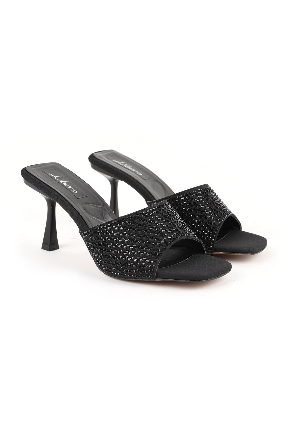 Women's Heeled Slippers Black Stone Suede Look Single Strap Thin Goblet Heel Stylish Evening Dress L085.K122 - MALLTURK