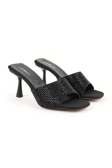Women's Heeled Slippers Black Stone Suede Look Single Strap Thin Goblet Heel Stylish Evening Dress L085.K122 - MALLTURK
