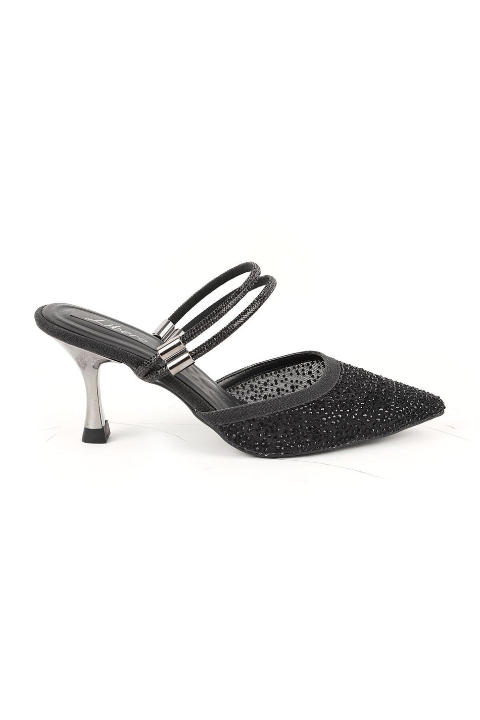 Women's Heeled Slippers Black Stoned Tulle Pointed Toe Double Strap Metallic Goblet Heel Evening Dress Stylish 085K230/1 - MALLTURK