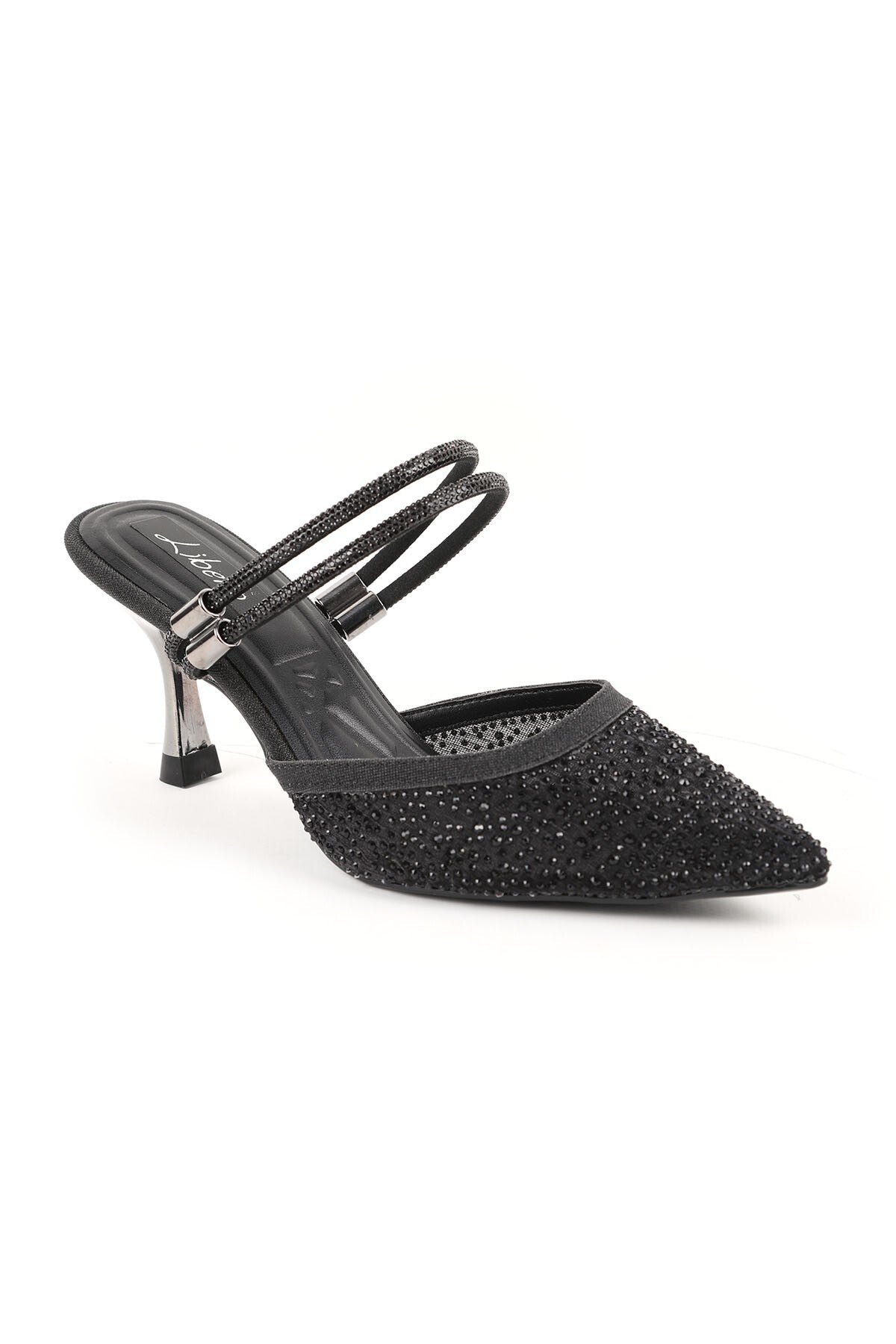 Women's Heeled Slippers Black Stoned Tulle Pointed Toe Double Strap Metallic Goblet Heel Evening Dress Stylish 085K230/1 - MALLTURK