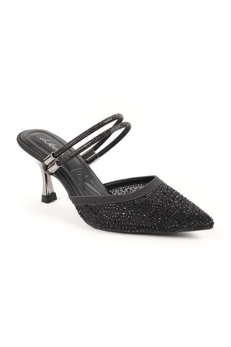 Women's Heeled Slippers Black Stoned Tulle Pointed Toe Double Strap Metallic Goblet Heel Evening Dress Stylish 085K230/1 - MALLTURK