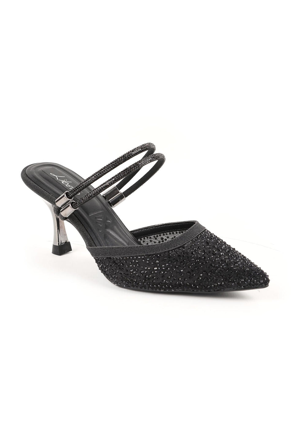 Women's Heeled Slippers Black Stoned Tulle Pointed Toe Double Strap Metallic Goblet Heel Evening Dress Stylish 085K230/1 - MALLTURK