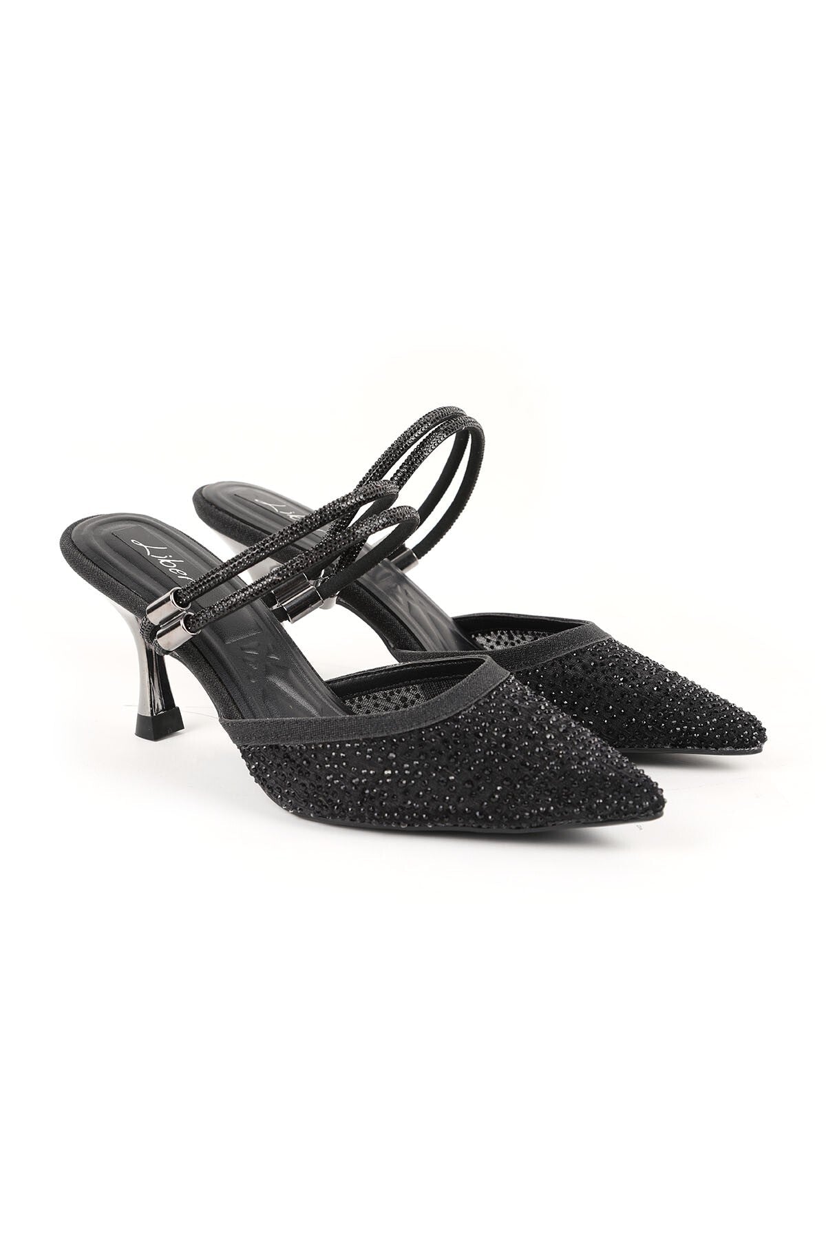 Women's Heeled Slippers Black Stoned Tulle Pointed Toe Double Strap Metallic Goblet Heel Evening Dress Stylish 085K230/1 - MALLTURK