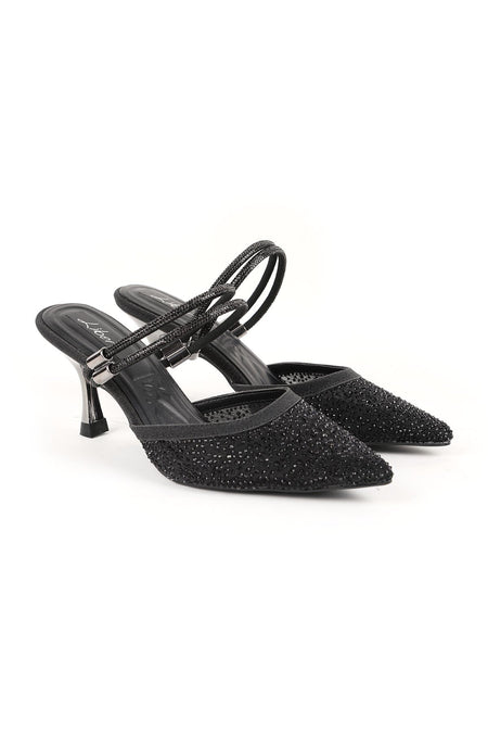Women's Heeled Slippers Black Stoned Tulle Pointed Toe Double Strap Metallic Goblet Heel Evening Dress Stylish 085K230/1 - MALLTURK