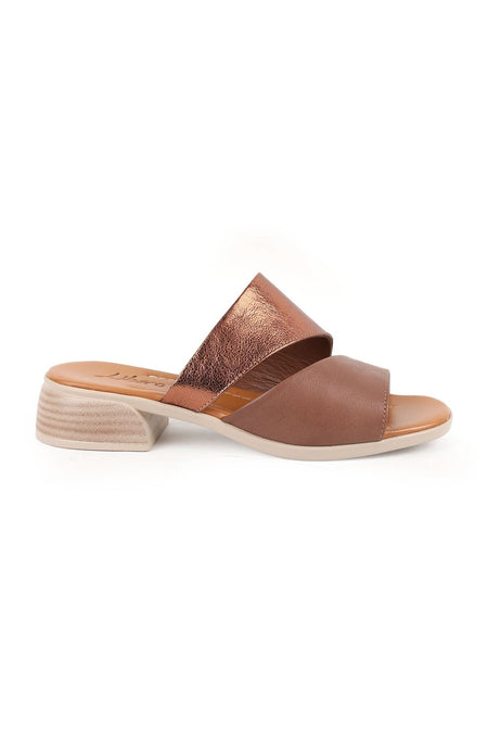 Women's Heeled Slippers Double Straps Open Toe Thick Short Heel Antique Leather L078.10201 - MALLTURK