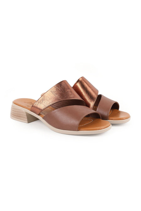 Women's Heeled Slippers Double Straps Open Toe Thick Short Heel Antique Leather L078.10201 - MALLTURK