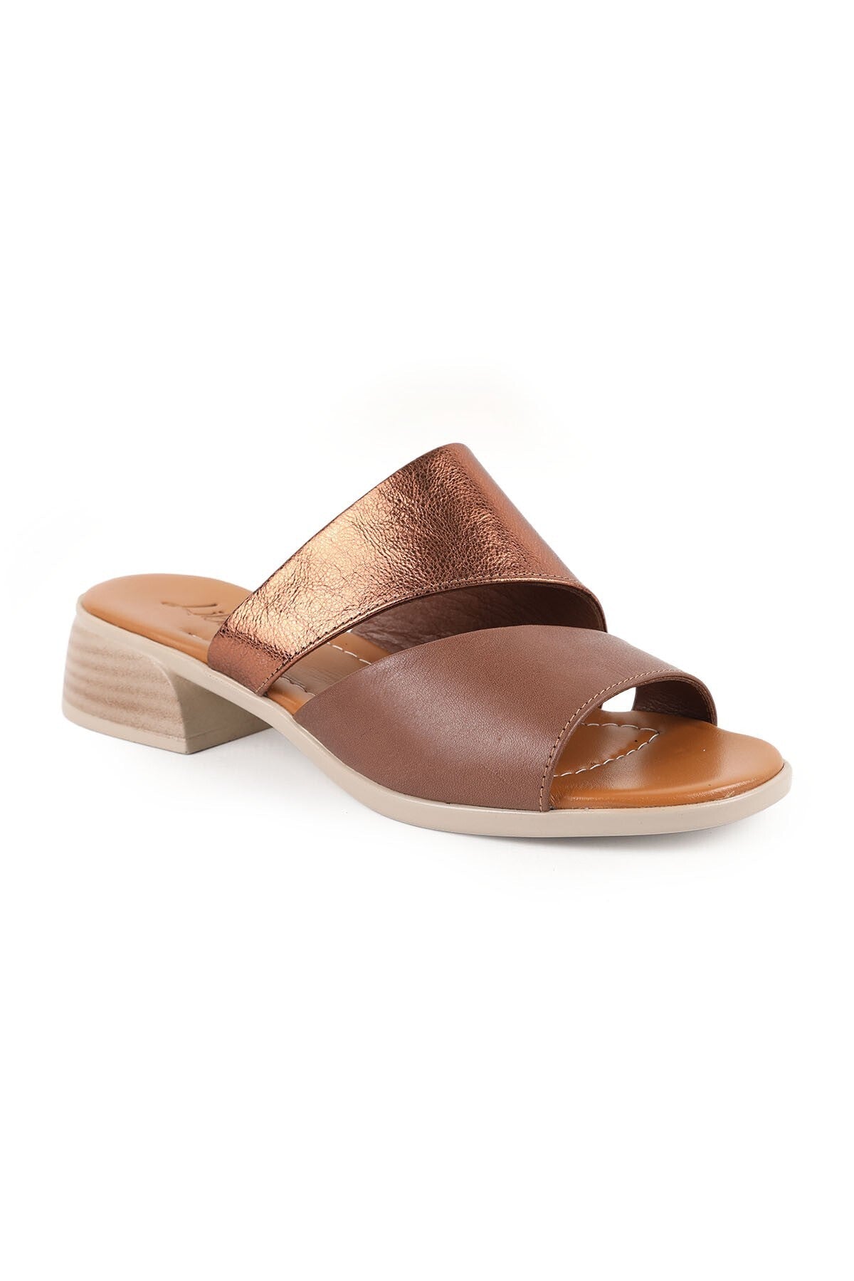 Women's Heeled Slippers Double Straps Open Toe Thick Short Heel Antique Leather L078.10201 - MALLTURK