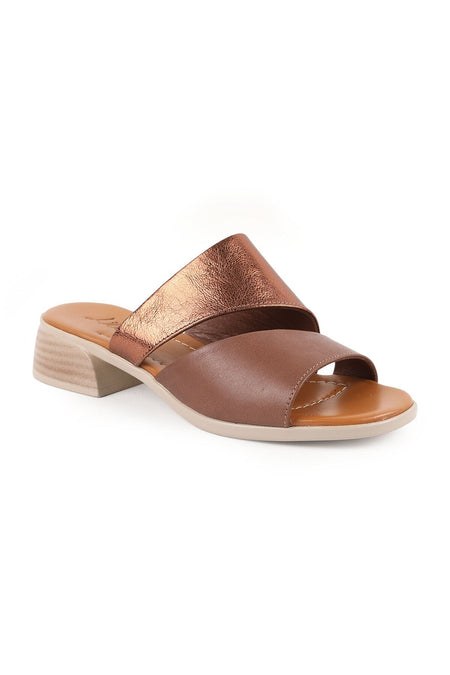 Women's Heeled Slippers Double Straps Open Toe Thick Short Heel Antique Leather L078.10201 - MALLTURK