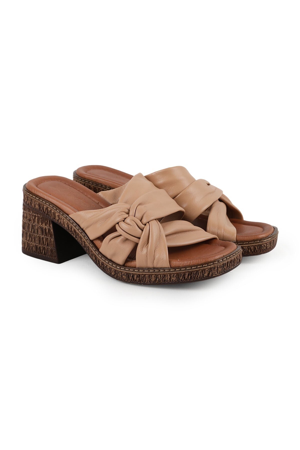 Women's Heeled Slippers Genuine Leather Knotted Straw Sole Daily Comfortable Sabo Slippers L024.260500 - MALLTURK