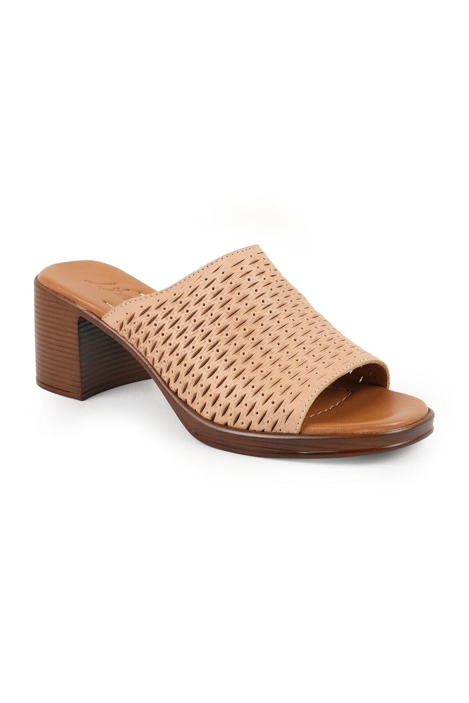 Women's Heeled Slippers Laser Cut Wide Band Thick Medium Heel Antique Leather L078.13149 - MALLTURK