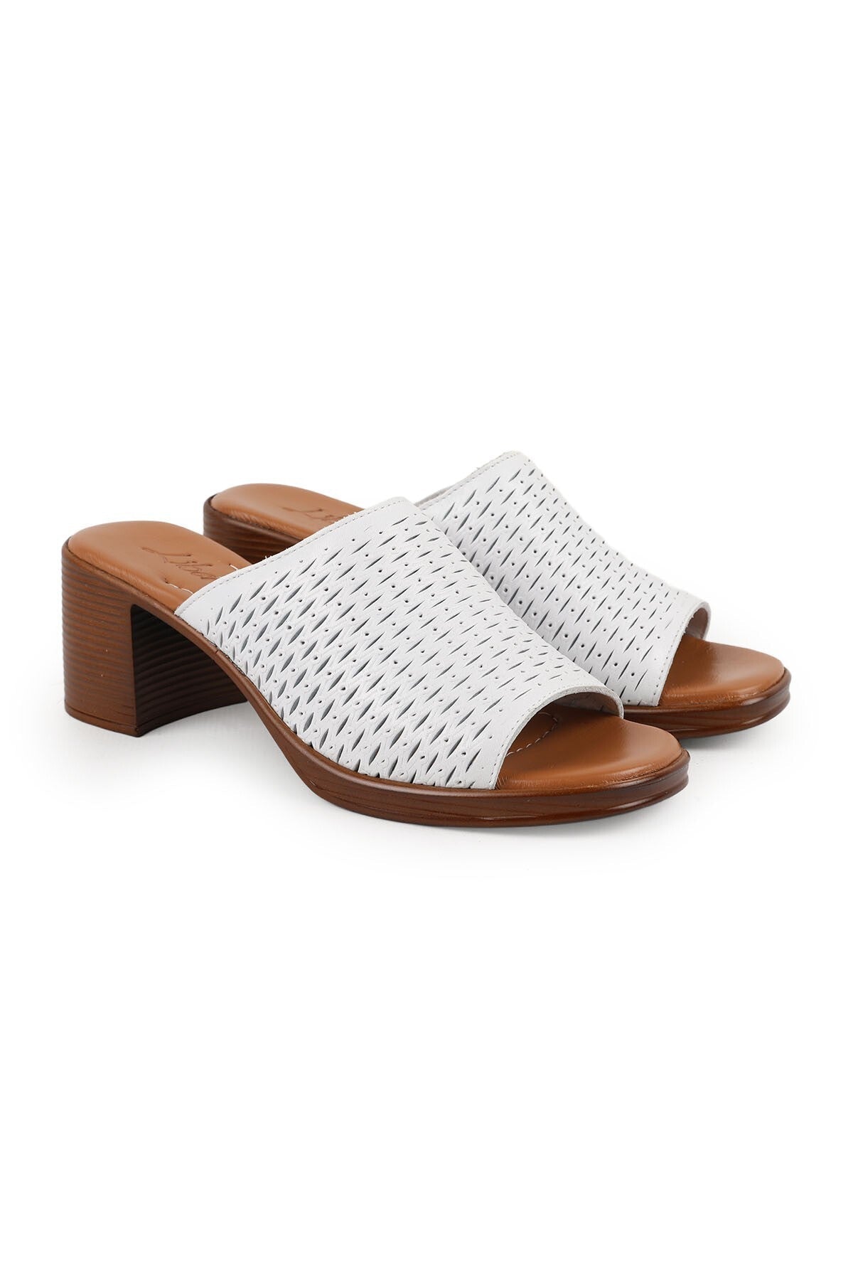 Women's Heeled Slippers Laser Cut Wide Band Thick Medium Heel Antique Leather L078.13149 - MALLTURK