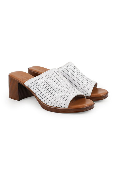 Women's Heeled Slippers Laser Cut Wide Band Thick Medium Heel Antique Leather L078.13149 - MALLTURK