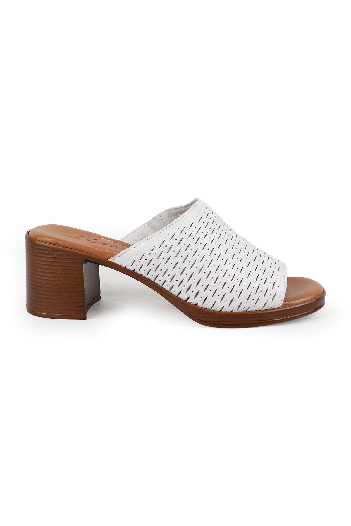 Women's Heeled Slippers Laser Cut Wide Band Thick Medium Heel Antique Leather L078.13149 - MALLTURK