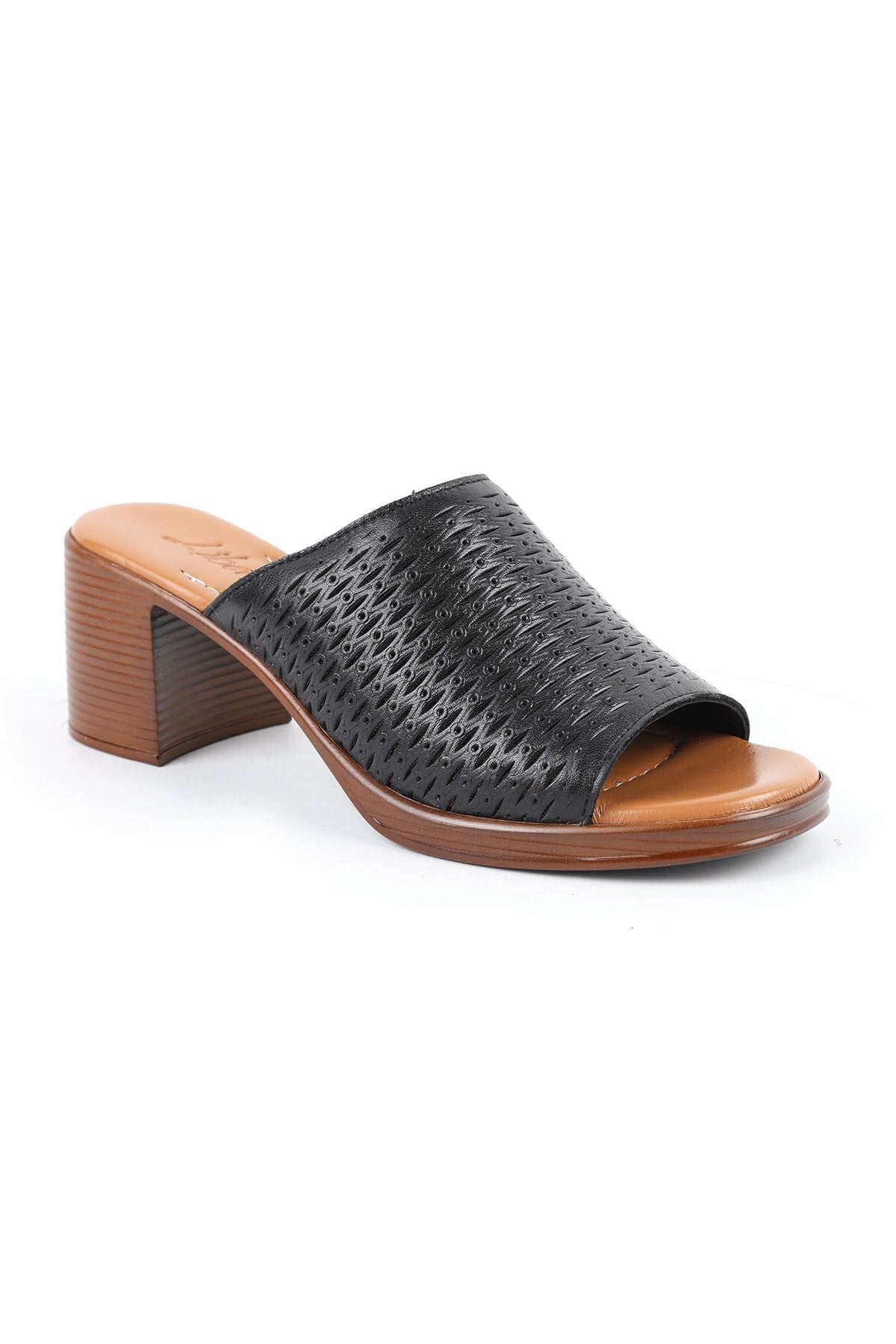 Women's Heeled Slippers Laser Cut Wide Band Thick Medium Heel Antique Leather L078.13149 - MALLTURK