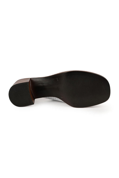 Women's Heeled Slippers Laser Cut Wide Band Thick Medium Heel Antique Leather L078.13149 - MALLTURK