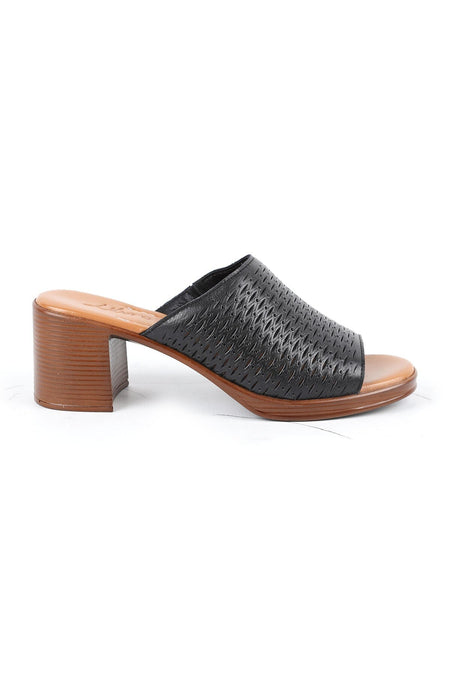 Women's Heeled Slippers Laser Cut Wide Band Thick Medium Heel Antique Leather L078.13149 - MALLTURK
