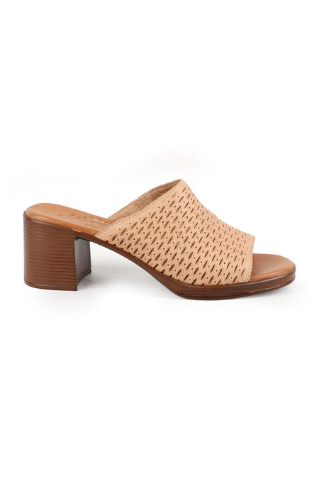Women's Heeled Slippers Laser Cut Wide Band Thick Medium Heel Antique Leather L078.13149 - MALLTURK