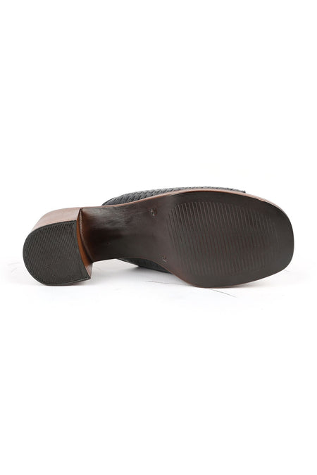Women's Heeled Slippers Laser Cut Wide Band Thick Medium Heel Antique Leather L078.13149 - MALLTURK