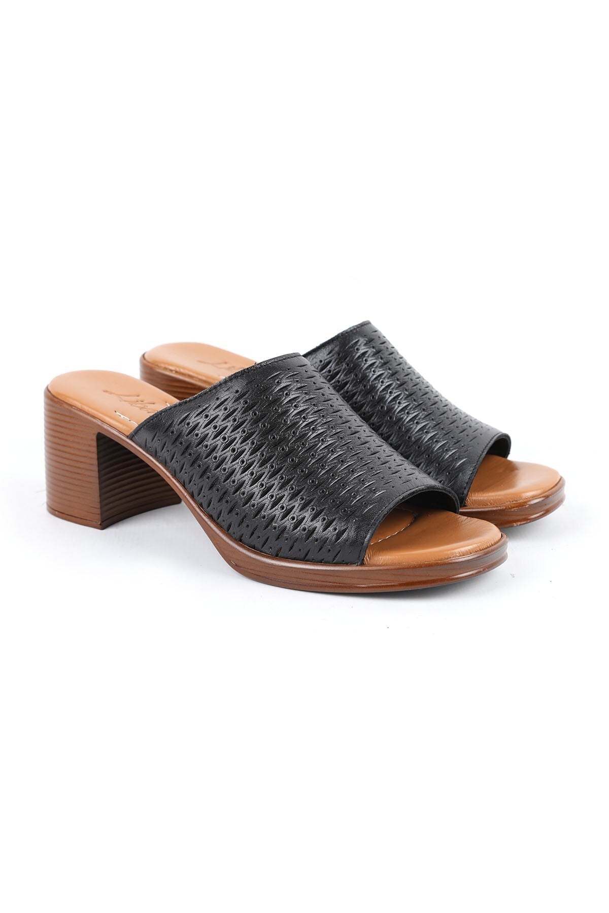 Women's Heeled Slippers Laser Cut Wide Band Thick Medium Heel Antique Leather L078.13149 - MALLTURK