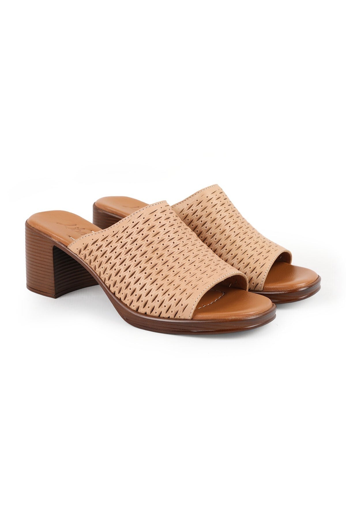 Women's Heeled Slippers Laser Cut Wide Band Thick Medium Heel Antique Leather L078.13149 - MALLTURK