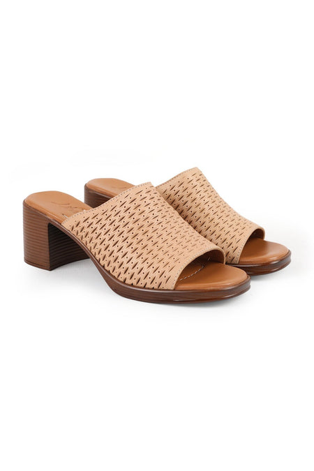 Women's Heeled Slippers Laser Cut Wide Band Thick Medium Heel Antique Leather L078.13149 - MALLTURK