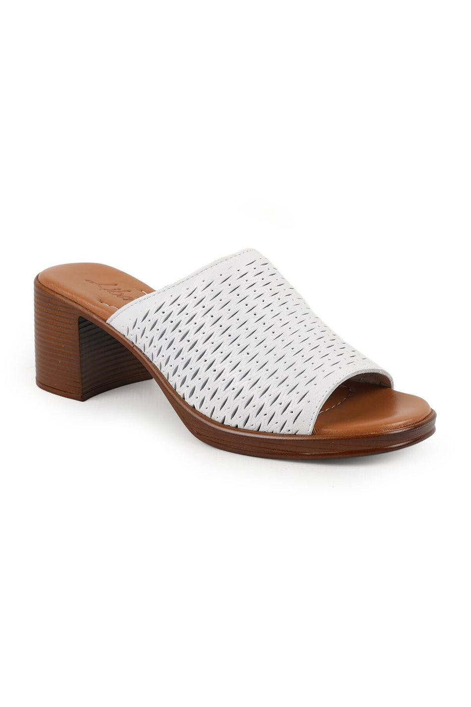 Women's Heeled Slippers Laser Cut Wide Band Thick Medium Heel Antique Leather L078.13149 - MALLTURK
