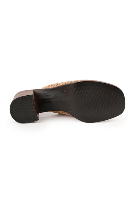 Women's Heeled Slippers Laser Cut Wide Band Thick Medium Heel Antique Leather L078.13149 - MALLTURK