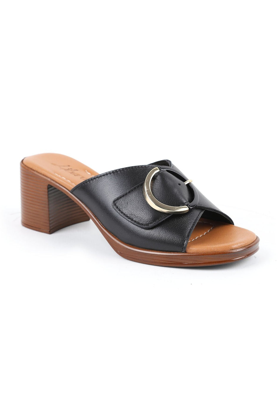 Women's Heeled Slippers Wide Band Buckle Thick Medium Heel Antique Leather L078.13133 - MALLTURK