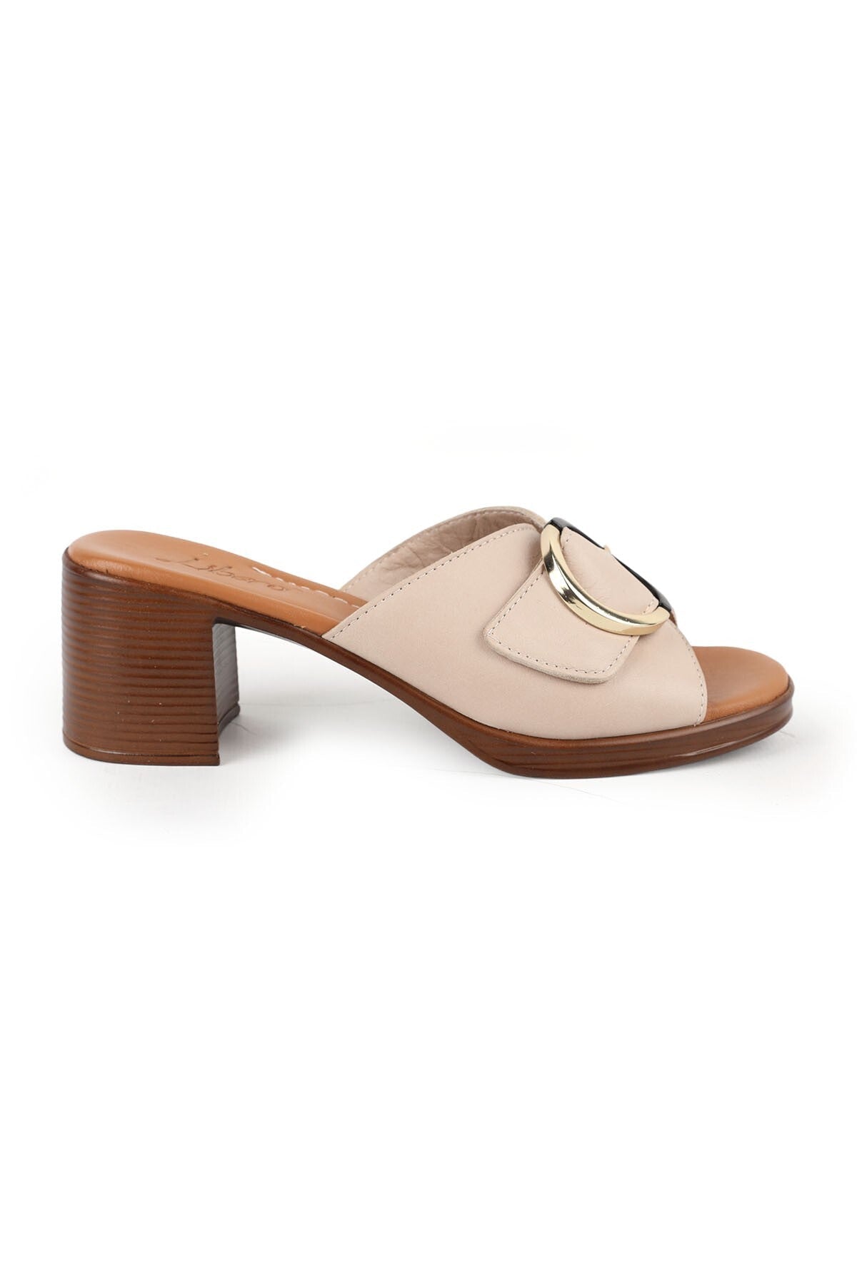 Women's Heeled Slippers Wide Band Buckle Thick Medium Heel Antique Leather L078.13133 - MALLTURK