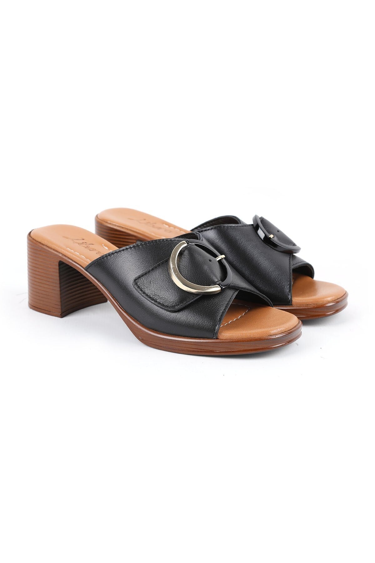 Women's Heeled Slippers Wide Band Buckle Thick Medium Heel Antique Leather L078.13133 - MALLTURK