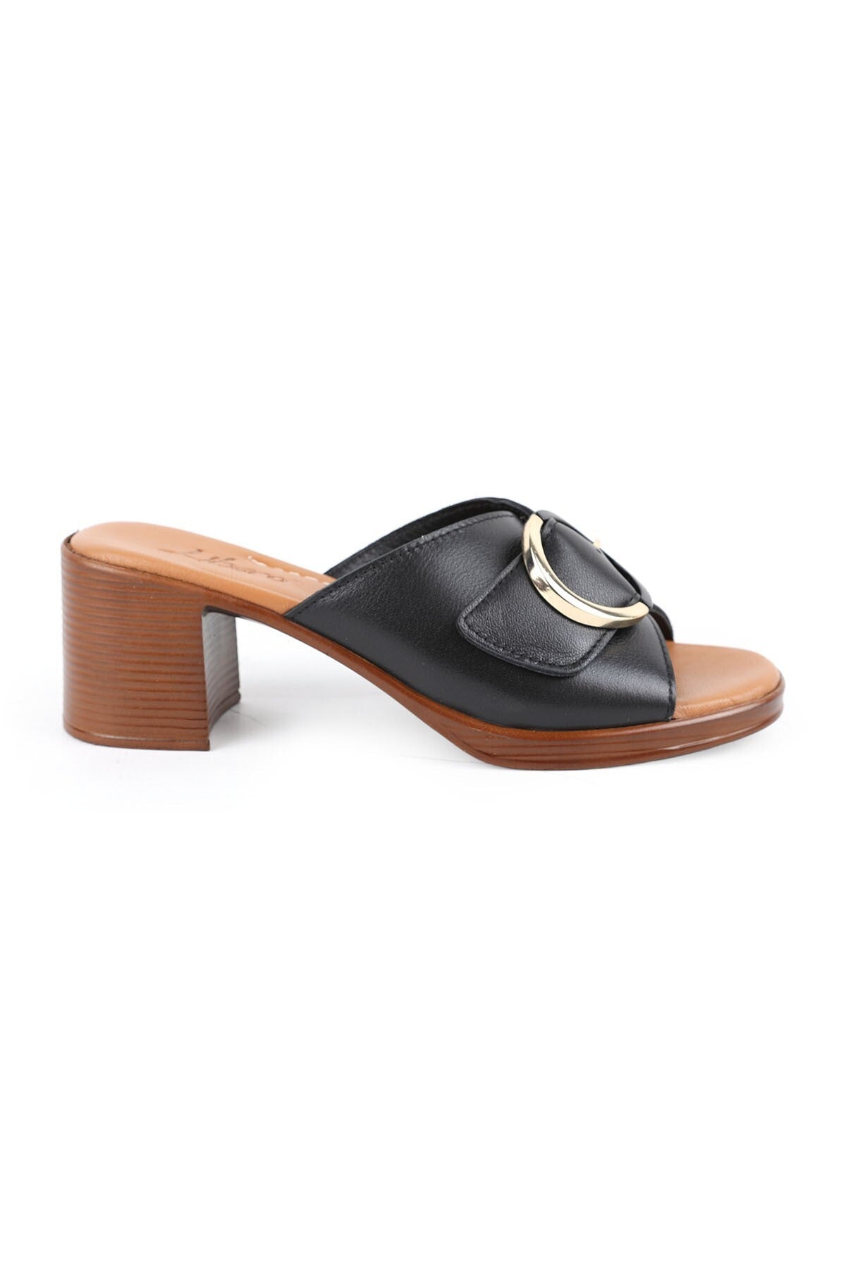 Women's Heeled Slippers Wide Band Buckle Thick Medium Heel Antique Leather L078.13133 - MALLTURK