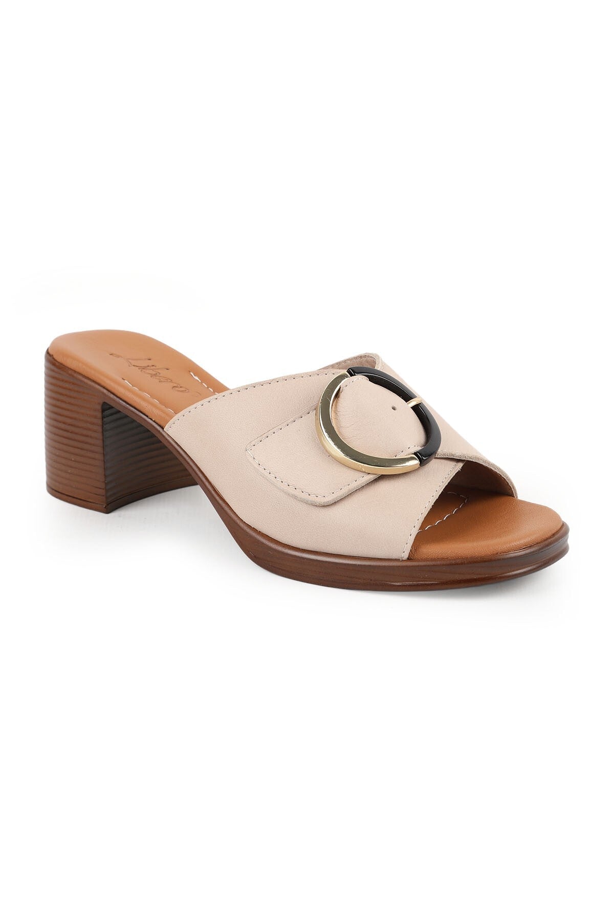 Women's Heeled Slippers Wide Band Buckle Thick Medium Heel Antique Leather L078.13133 - MALLTURK
