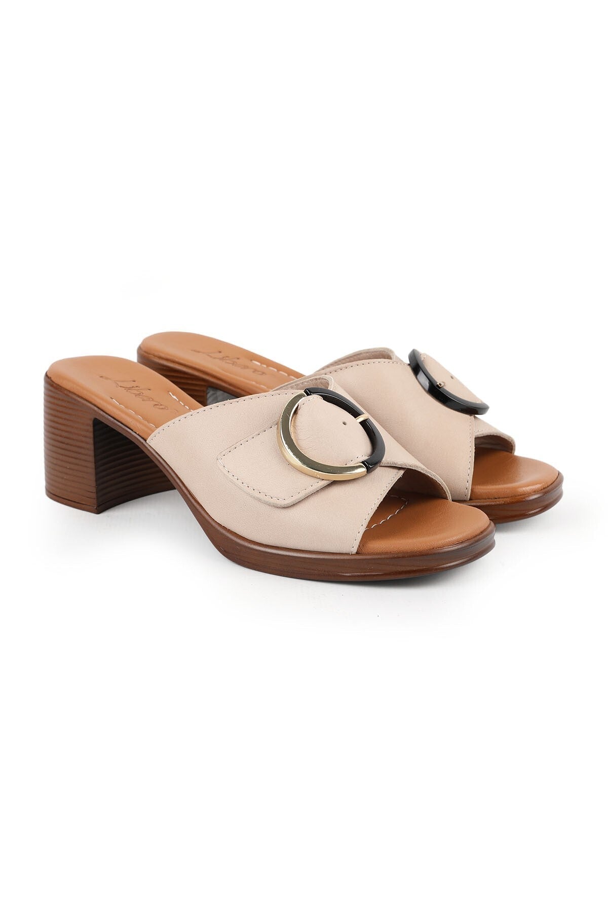 Women's Heeled Slippers Wide Band Buckle Thick Medium Heel Antique Leather L078.13133 - MALLTURK