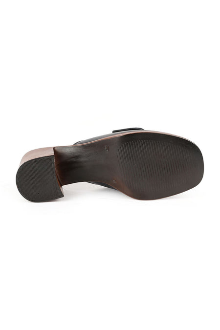 Women's Heeled Slippers Wide Band Buckle Thick Medium Heel Antique Leather L078.13133 - MALLTURK