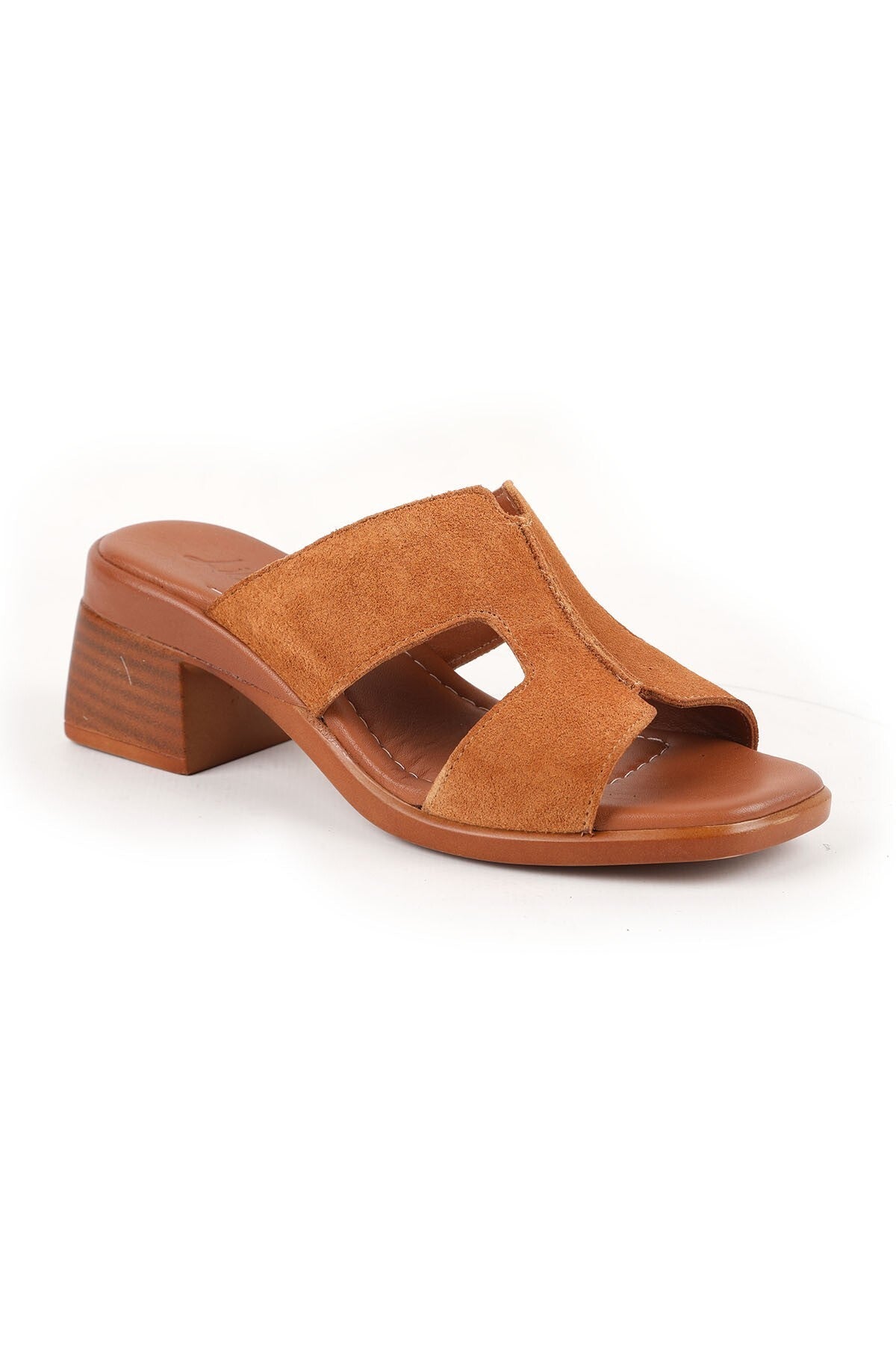 Women's Heeled Slippers with H Band Thick Medium Heel Suede Daily Wear L078.12126 - MALLTURK