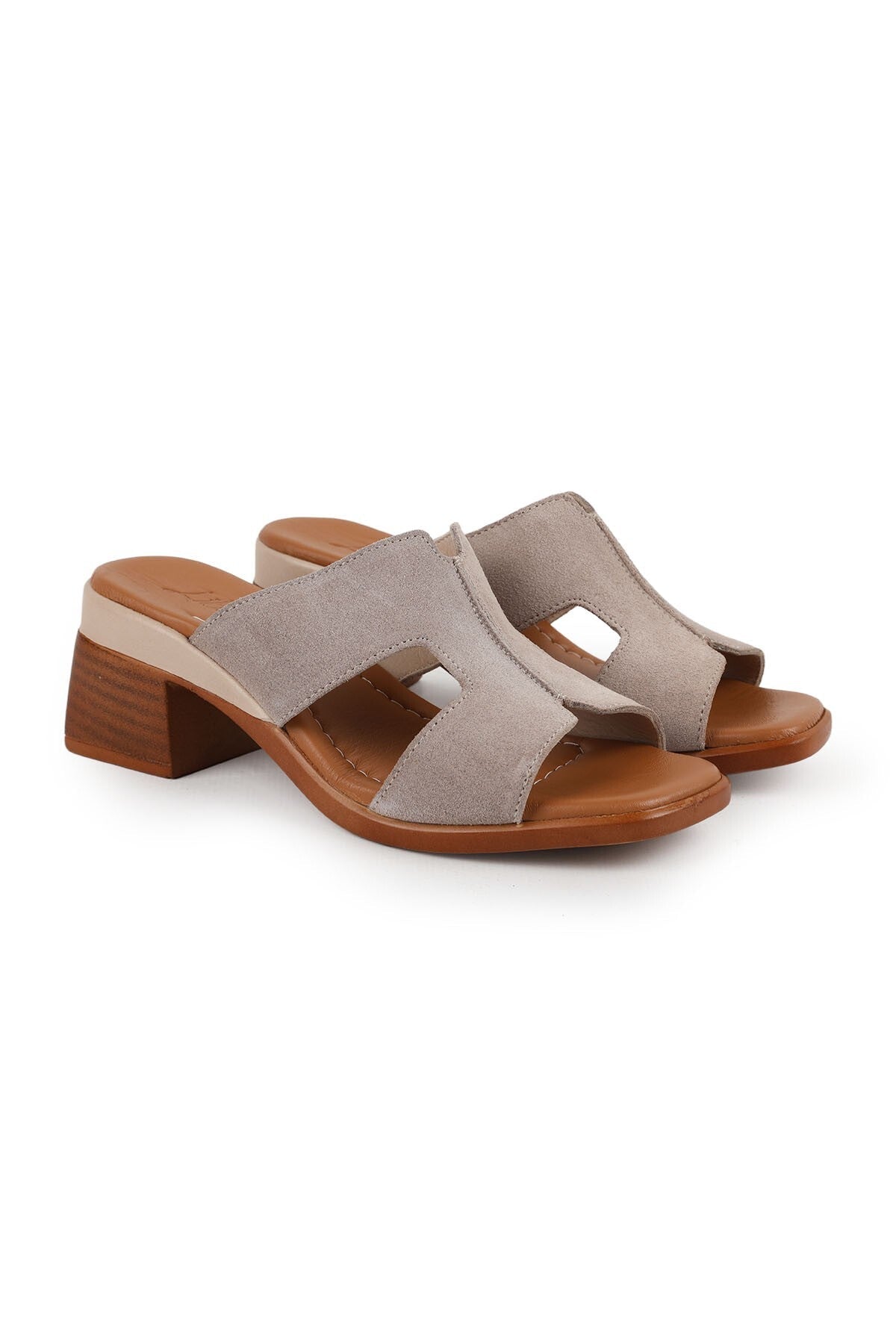Women's Heeled Slippers with H Band Thick Medium Heel Suede Daily Wear L078.12126 - MALLTURK