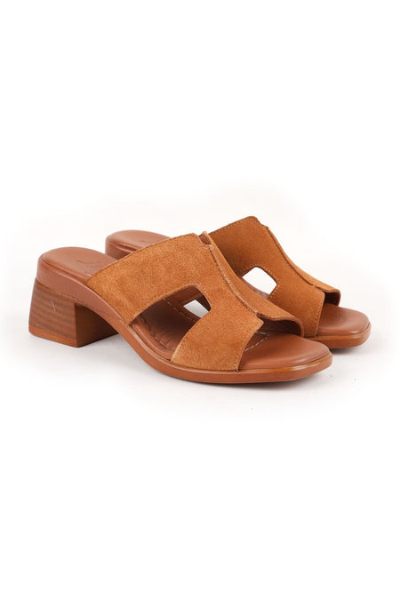 Women's Heeled Slippers with H Band Thick Medium Heel Suede Daily Wear L078.12126 - MALLTURK