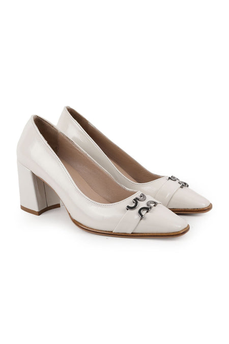 Women's High Heel Shoes Beige Patent Leather Blunt Pointed Toe Smoked Metal Buckle Thick Block Heel L064.036 - MALLTURK