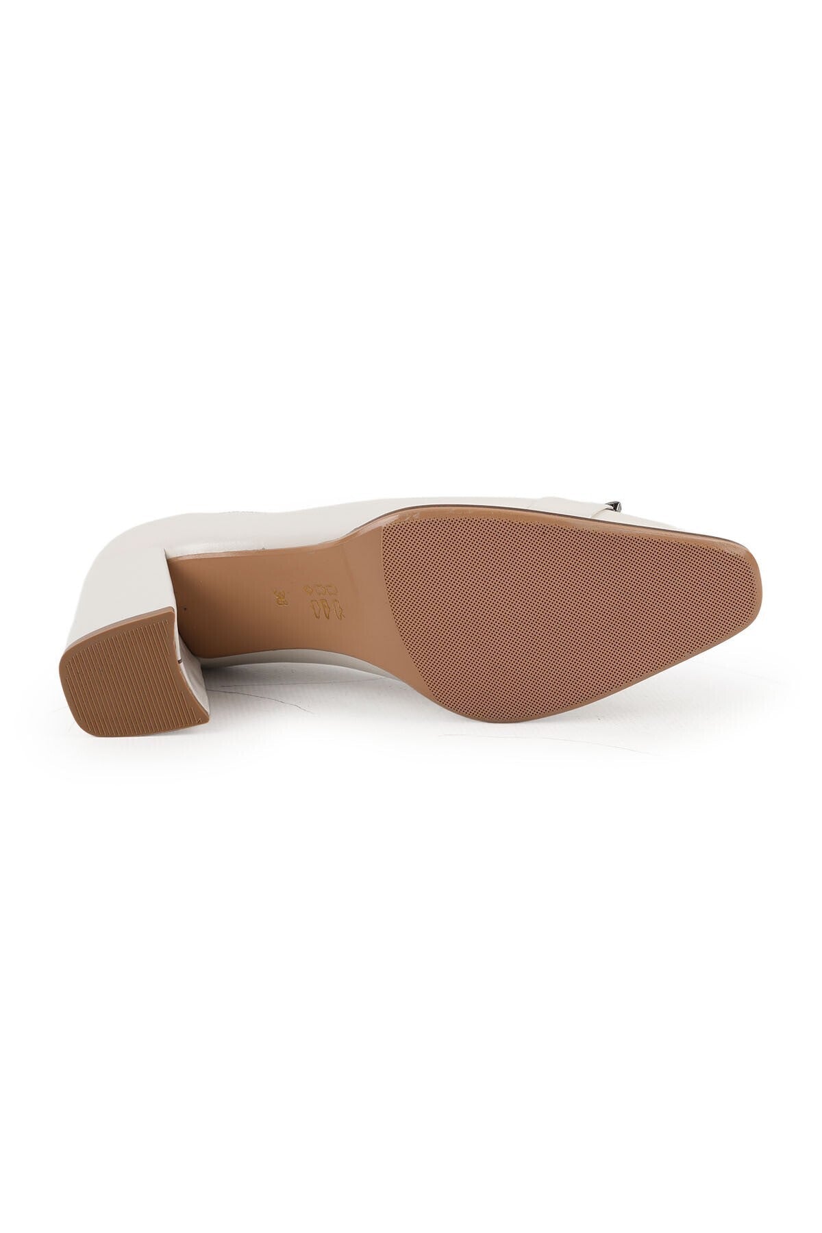 Women's High Heel Shoes Beige Patent Leather Blunt Pointed Toe Smoked Metal Buckle Thick Block Heel L064.036 - MALLTURK