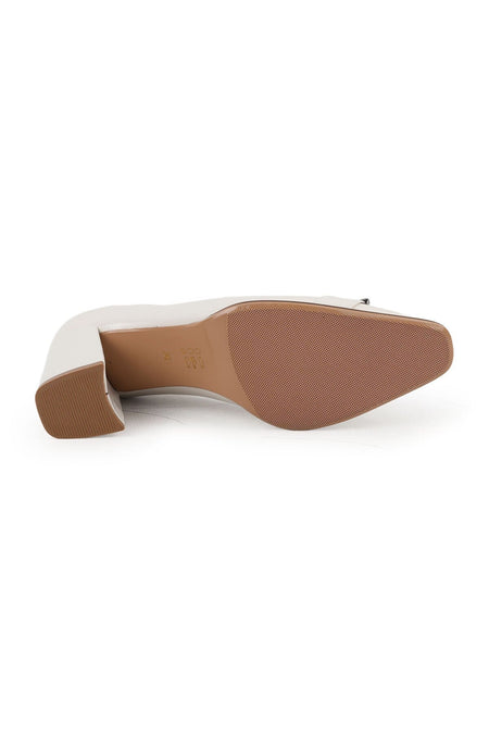 Women's High Heel Shoes Beige Patent Leather Blunt Pointed Toe Smoked Metal Buckle Thick Block Heel L064.036 - MALLTURK