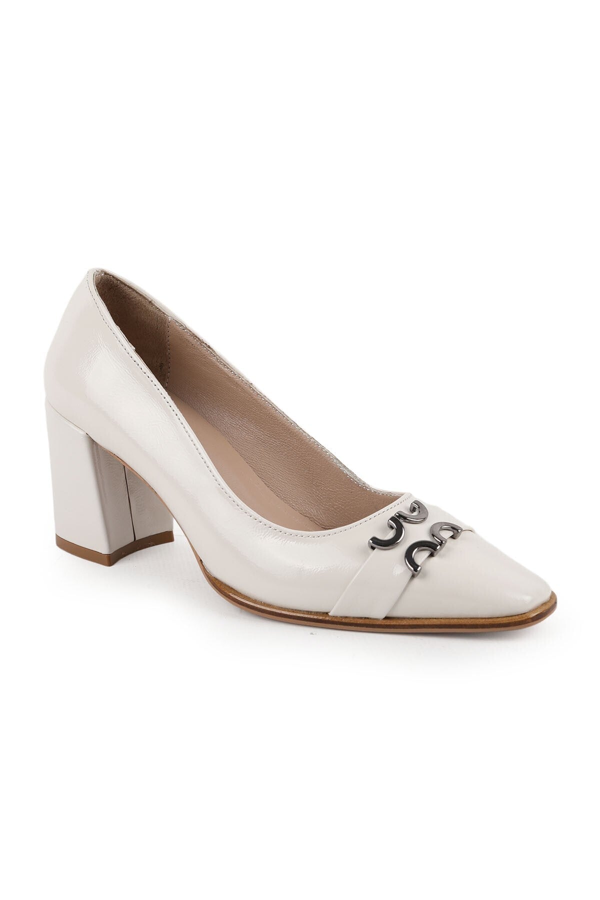 Women's High Heel Shoes Beige Patent Leather Blunt Pointed Toe Smoked Metal Buckle Thick Block Heel L064.036 - MALLTURK